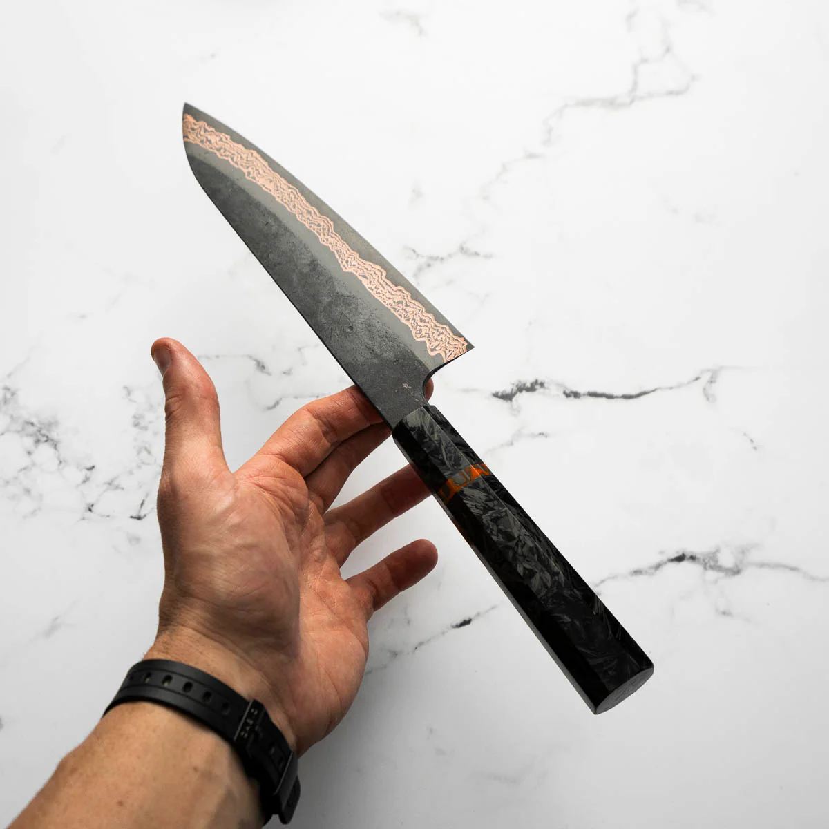 Hatsukokoro Yorokobi Kurouchi SLD Damascus Gyuto 210mm - Carbon Fibre - Image 2