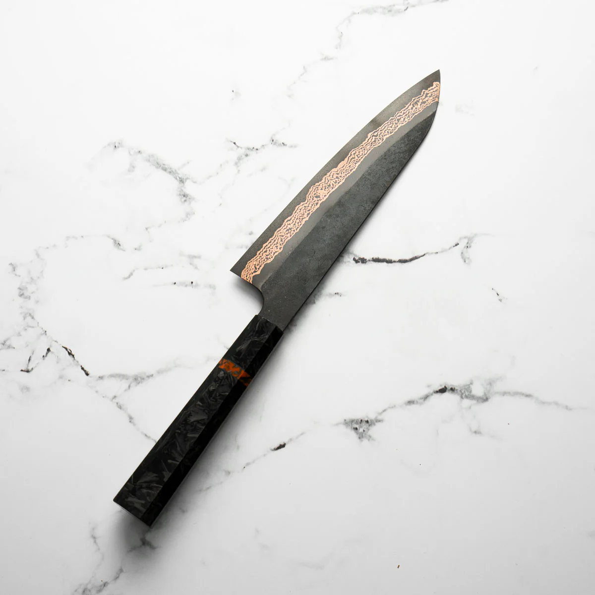 Hatsukokoro Yorokobi Kurouchi SLD Damascus Gyuto 210mm - Carbon Fibre - Image 9