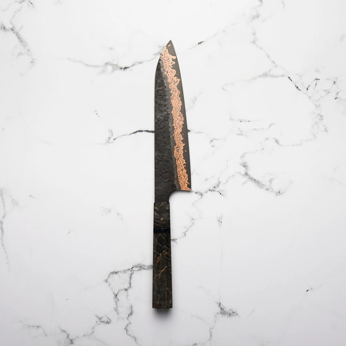 Hatsukokoro Yorokobi Kurouchi SLD Damascus Tsuchime Gyuto 210mm - Dark Maple - Image 4