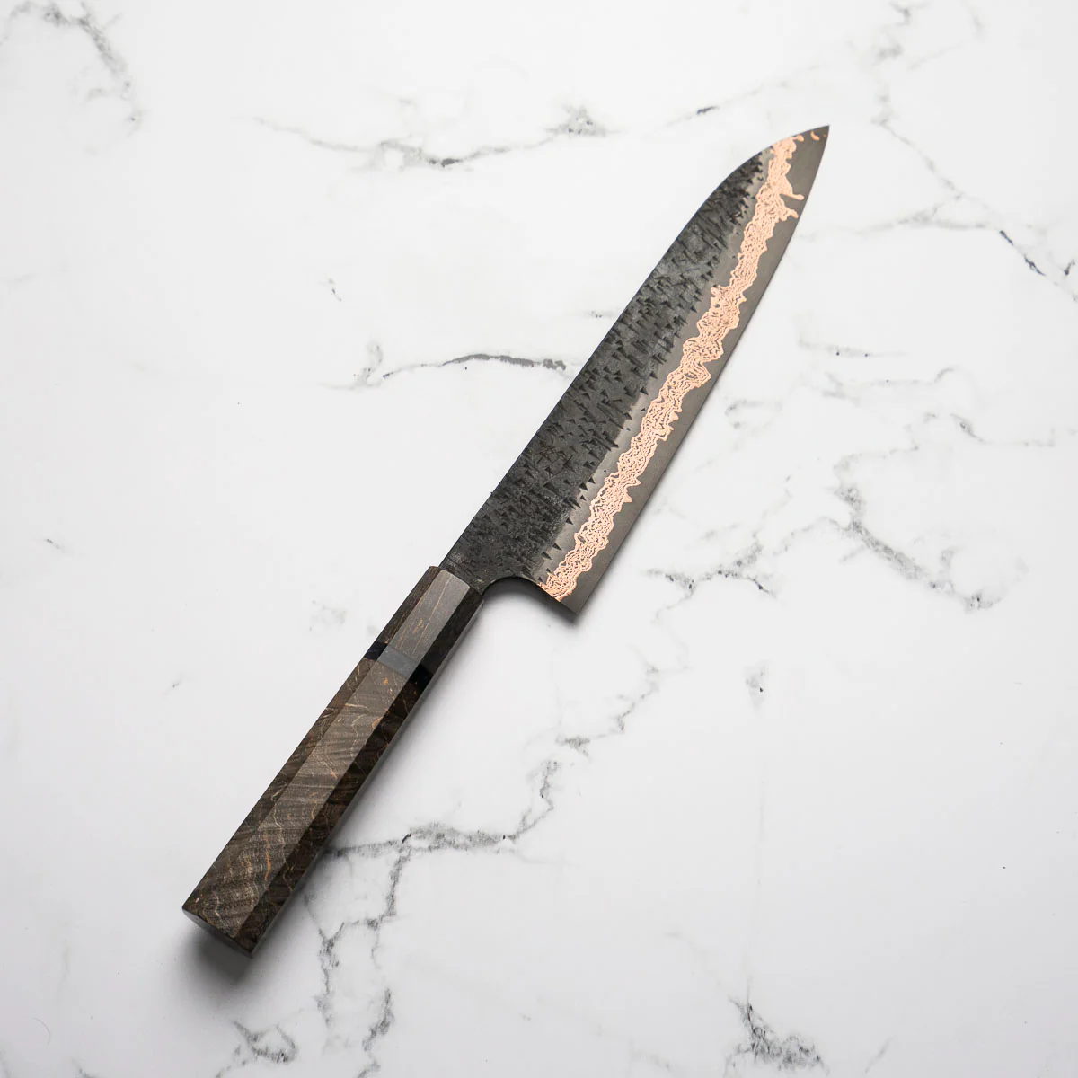Hatsukokoro Yorokobi Kurouchi SLD Damascus Tsuchime Gyuto 240mm - Dark Maple - Image 2