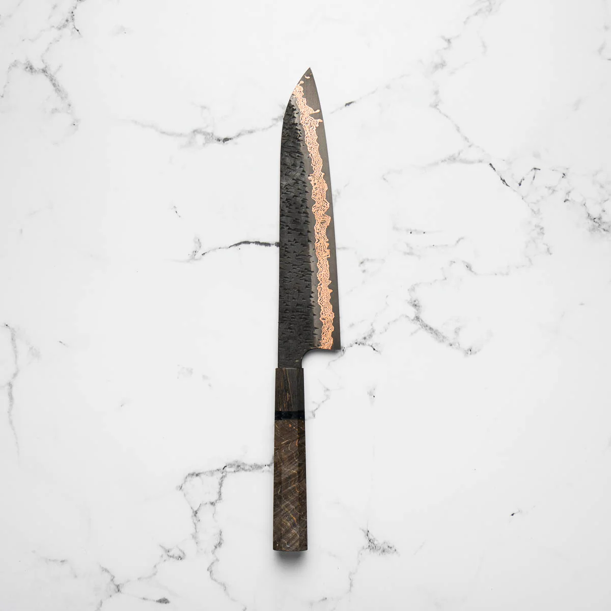 Hatsukokoro Yorokobi Kurouchi SLD Damascus Tsuchime Gyuto 240mm - Dark Maple - Image 3