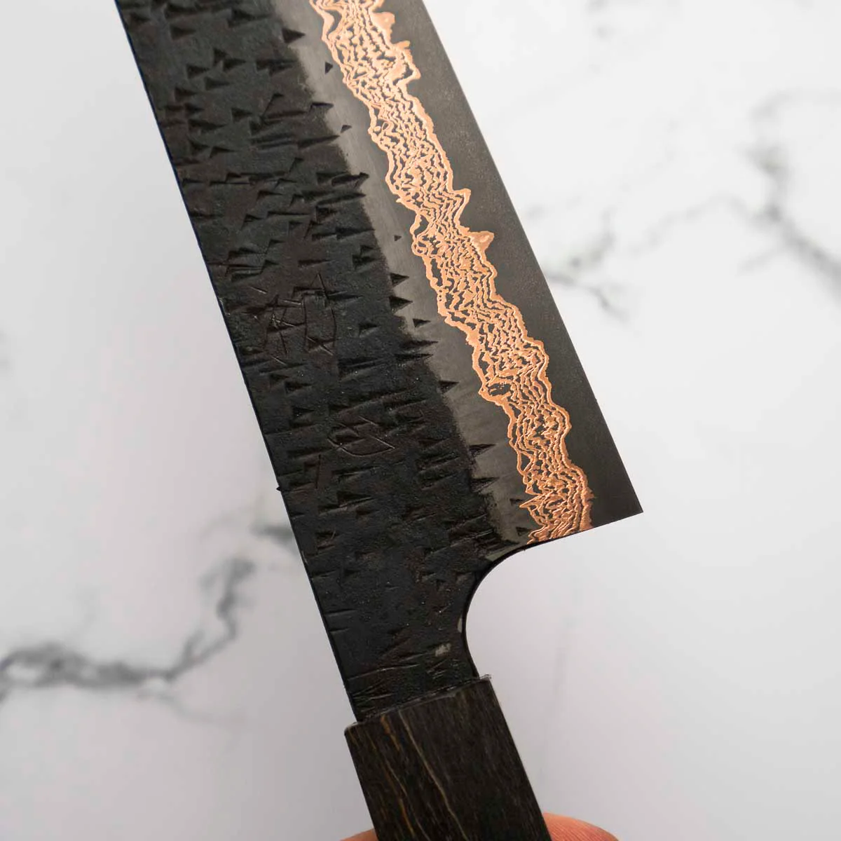 Hatsukokoro Yorokobi Kurouchi SLD Damascus Tsuchime Gyuto 240mm - Dark Maple - Image 6