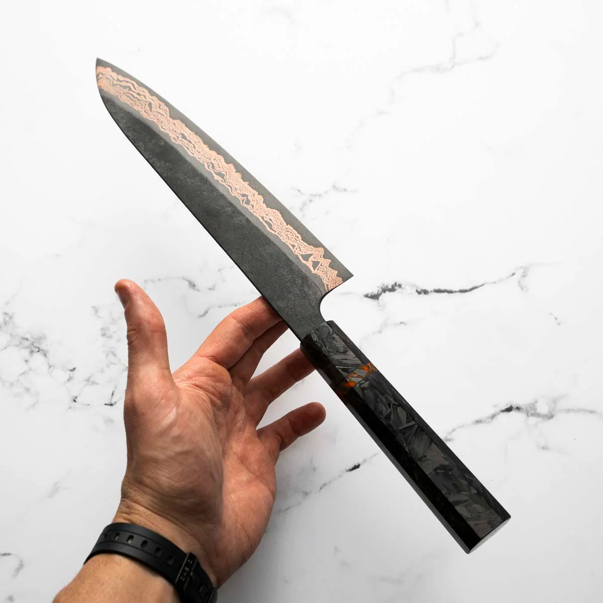 Hatsukokoro Yorokobi SLD Damascus Gyuto 240mm - Carbon Fibre - Image 8