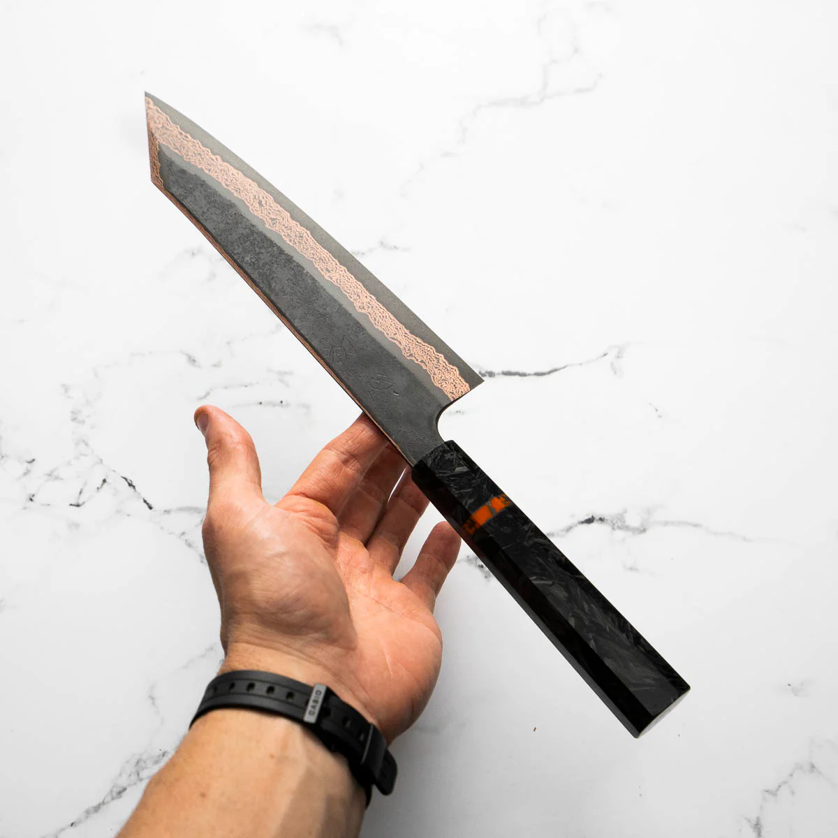 Hatsukokoro Yorokobi SLD Kurouchi Damascus Kiritsuke 240mm - Carbon Fibre - Image 10