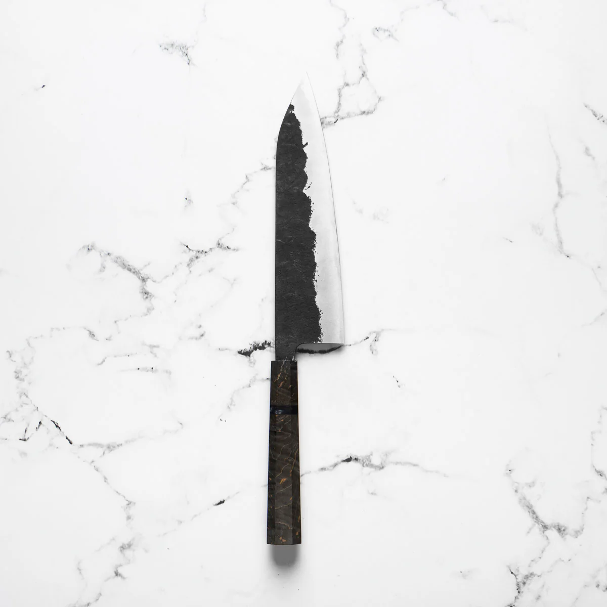 Kawamura White 1 SS Clad Kurouchi Tsuchime Gyuto 210mm - Dark Maple - Image 3