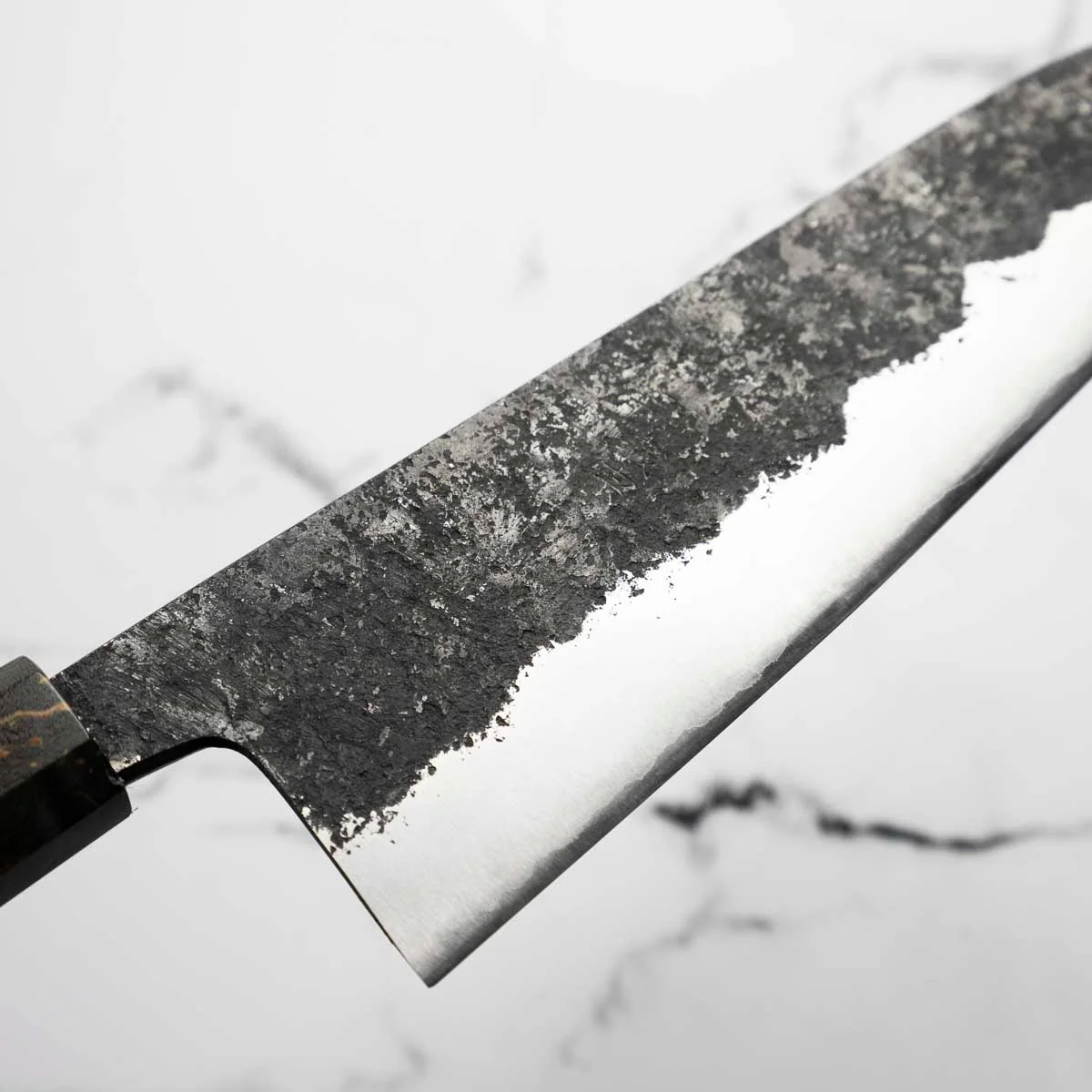 Kawamura White 1 SS Clad Kurouchi Tsuchime Gyuto 210mm - Dark Maple - Image 5