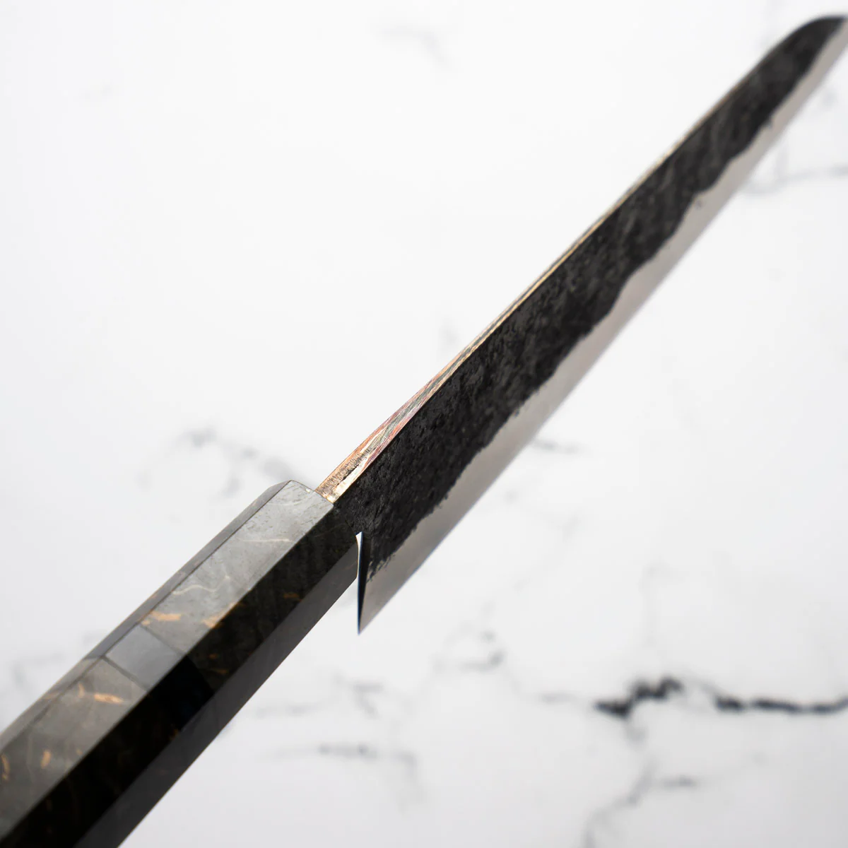 Kawamura White 1 SS Clad Kurouchi Tsuchime Gyuto 210mm - Dark Maple - Image 8