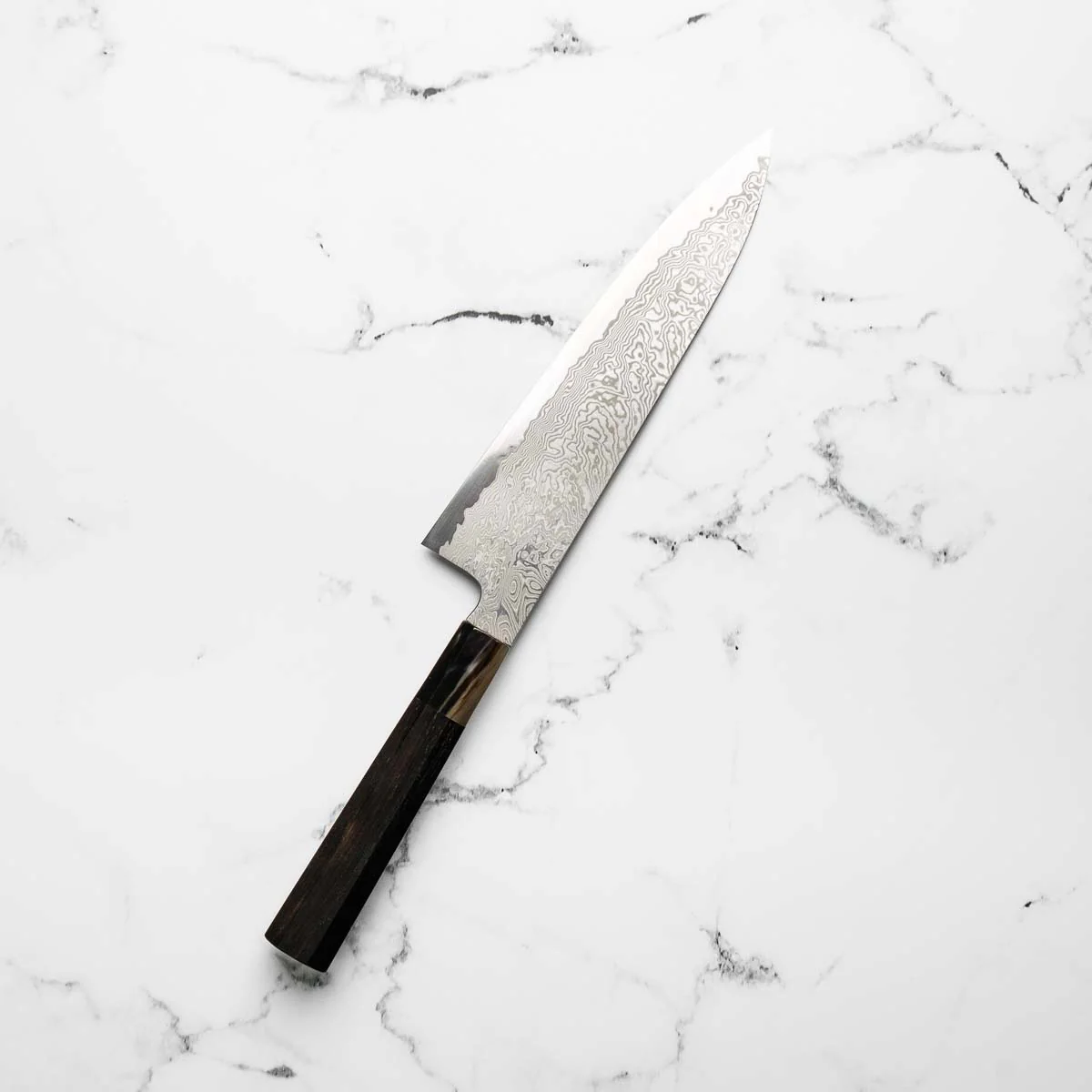 Sakai Kikumori "Minamo" ATS34 Damascus Gyuto 210mm - Ebony & Blonde - Image 2