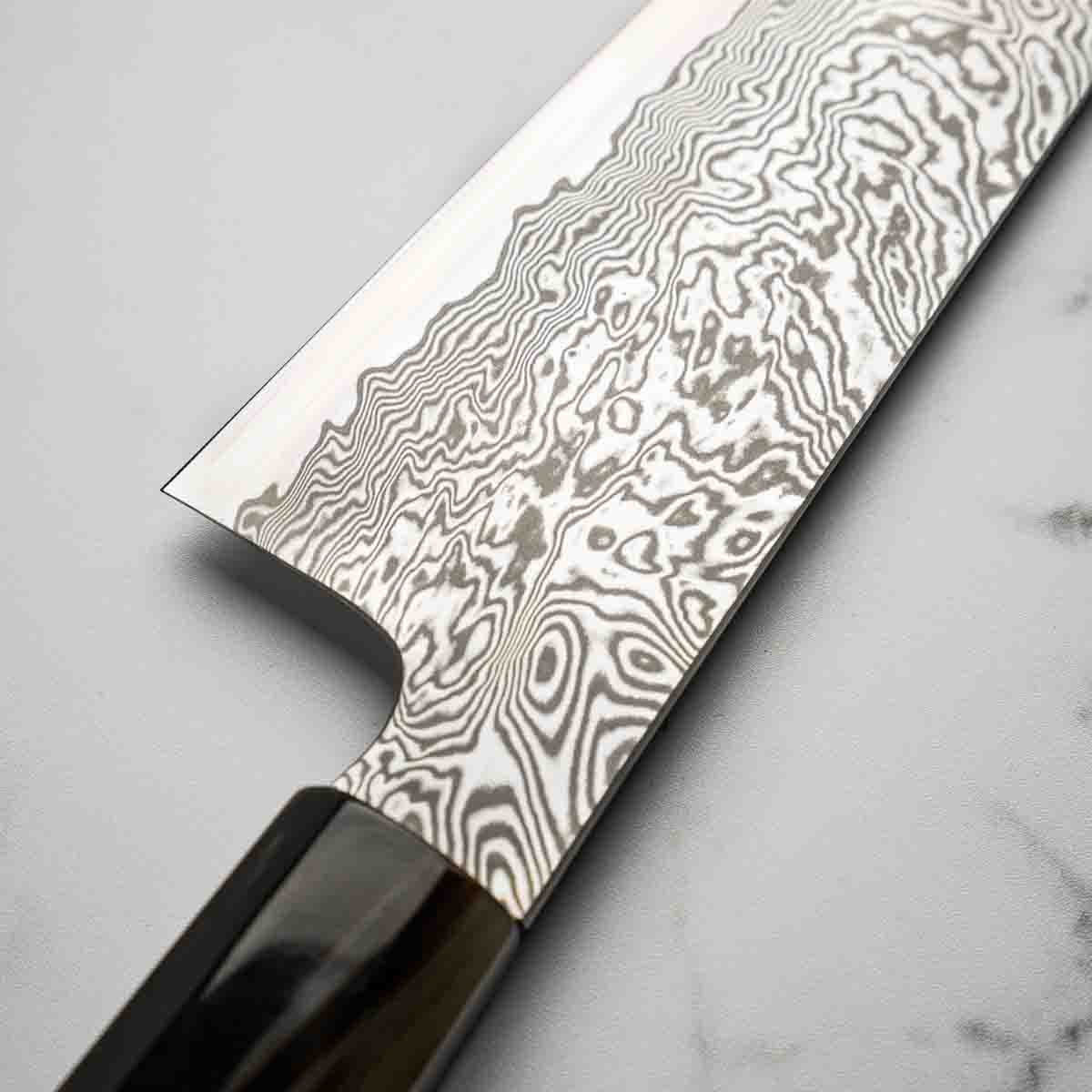 Sakai Kikumori "Minamo" ATS34 Damascus Gyuto 210mm - Ebony & Blonde - Image 3