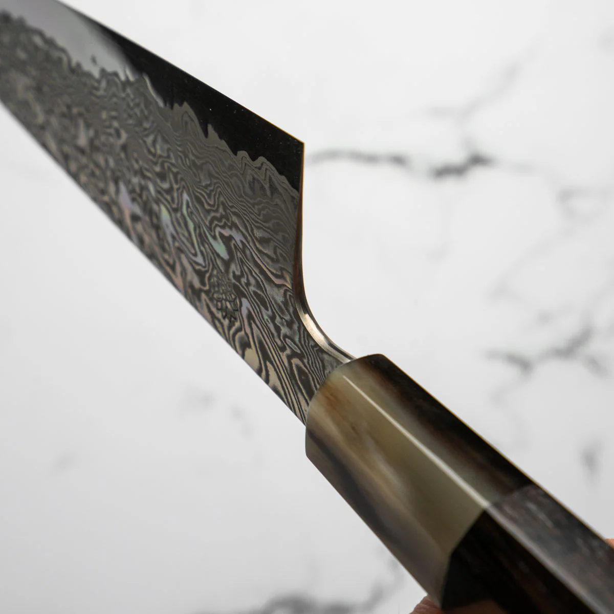 Sakai Kikumori "Minamo" ATS34 Damascus Gyuto 210mm - Ebony & Blonde - Image 6