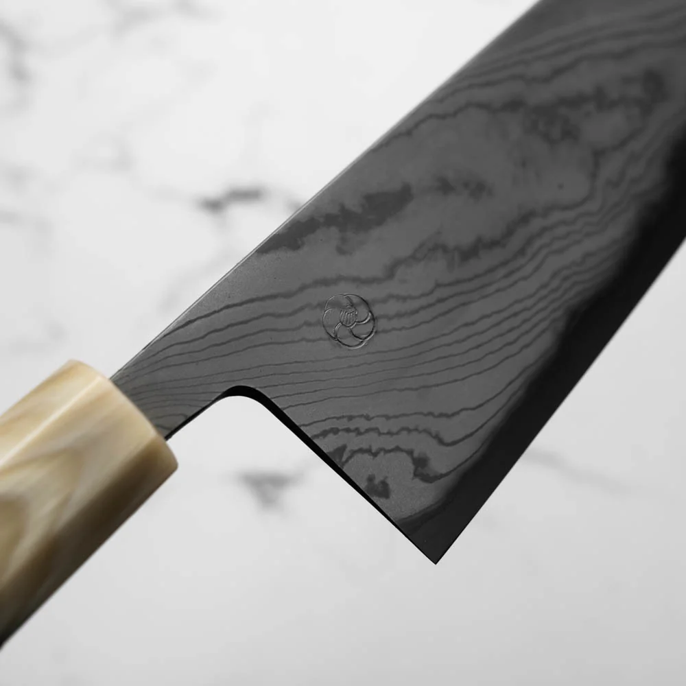 Miyazaki Kajiya Blue 2 Black Damascus Kiritsuke 240mm - Image 5