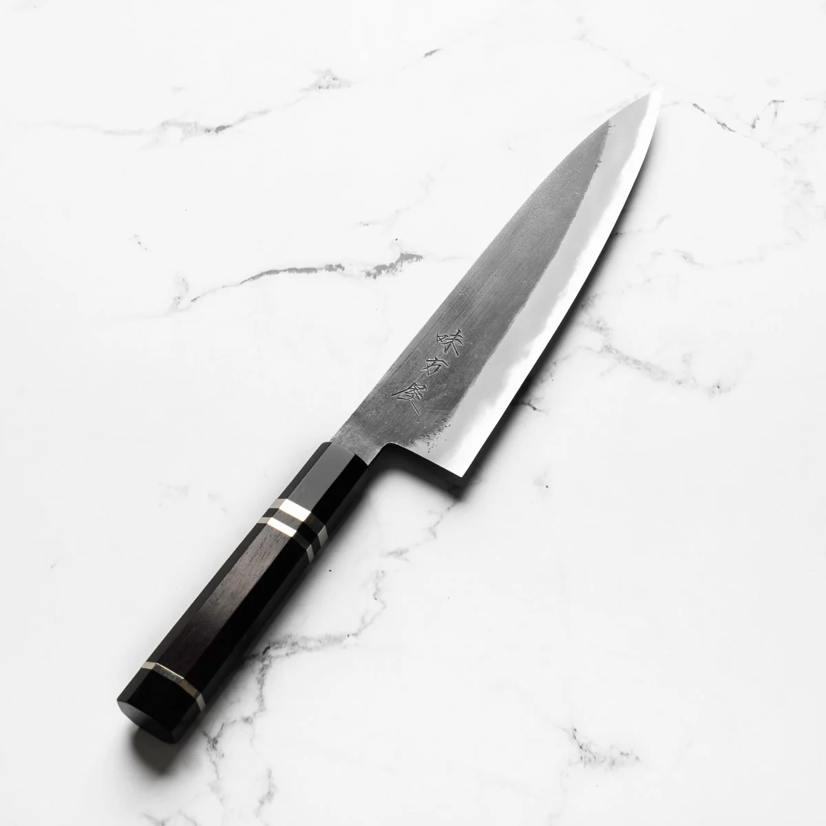 Mutsumi Hinoura Ajikataya White 2 Gyuto 210mm - Ebony & Double Black Horn Triple Ring - Image 2