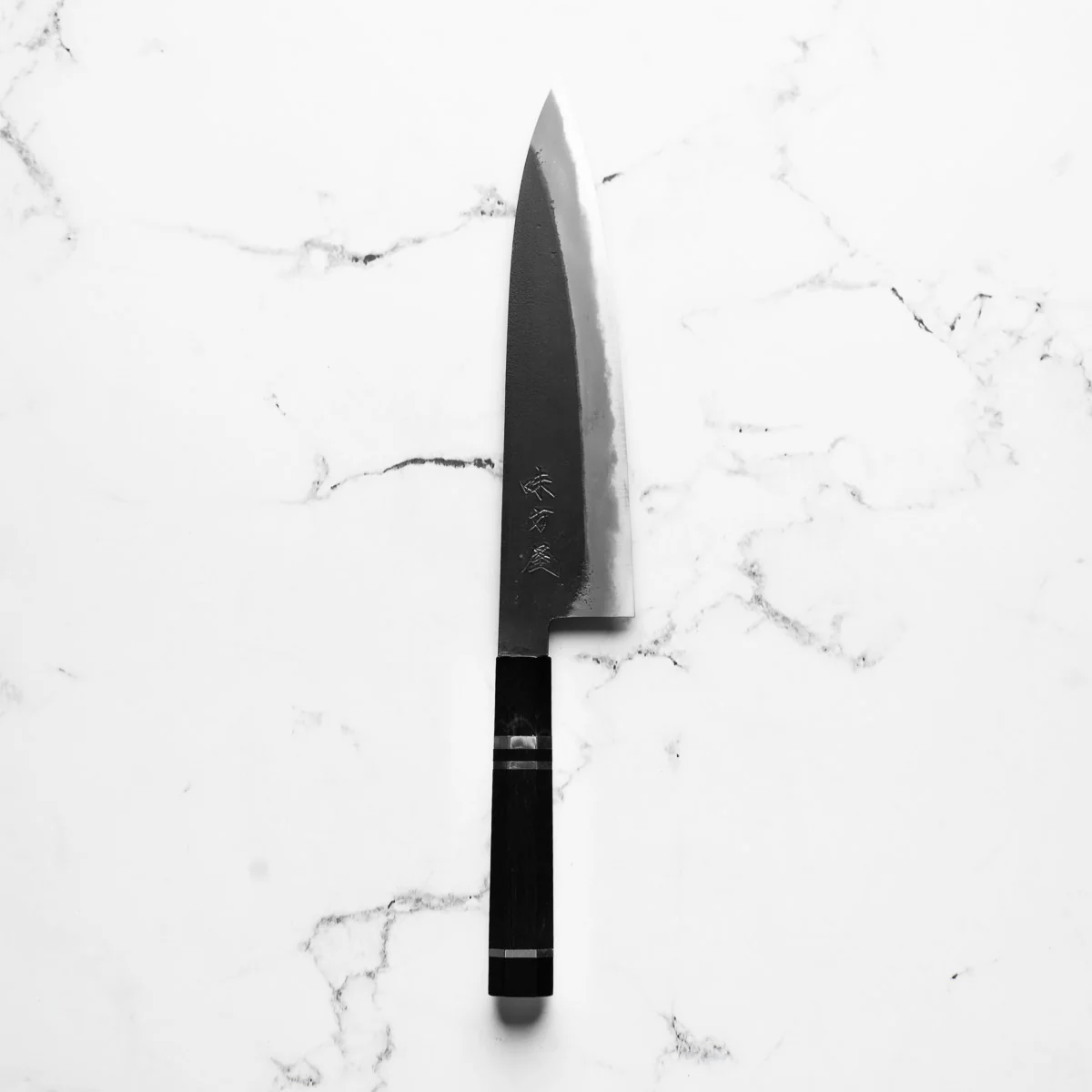 Mutsumi Hinoura Ajikataya White 2 Gyuto 210mm - Ebony & Double Black Horn Triple Ring - Image 3