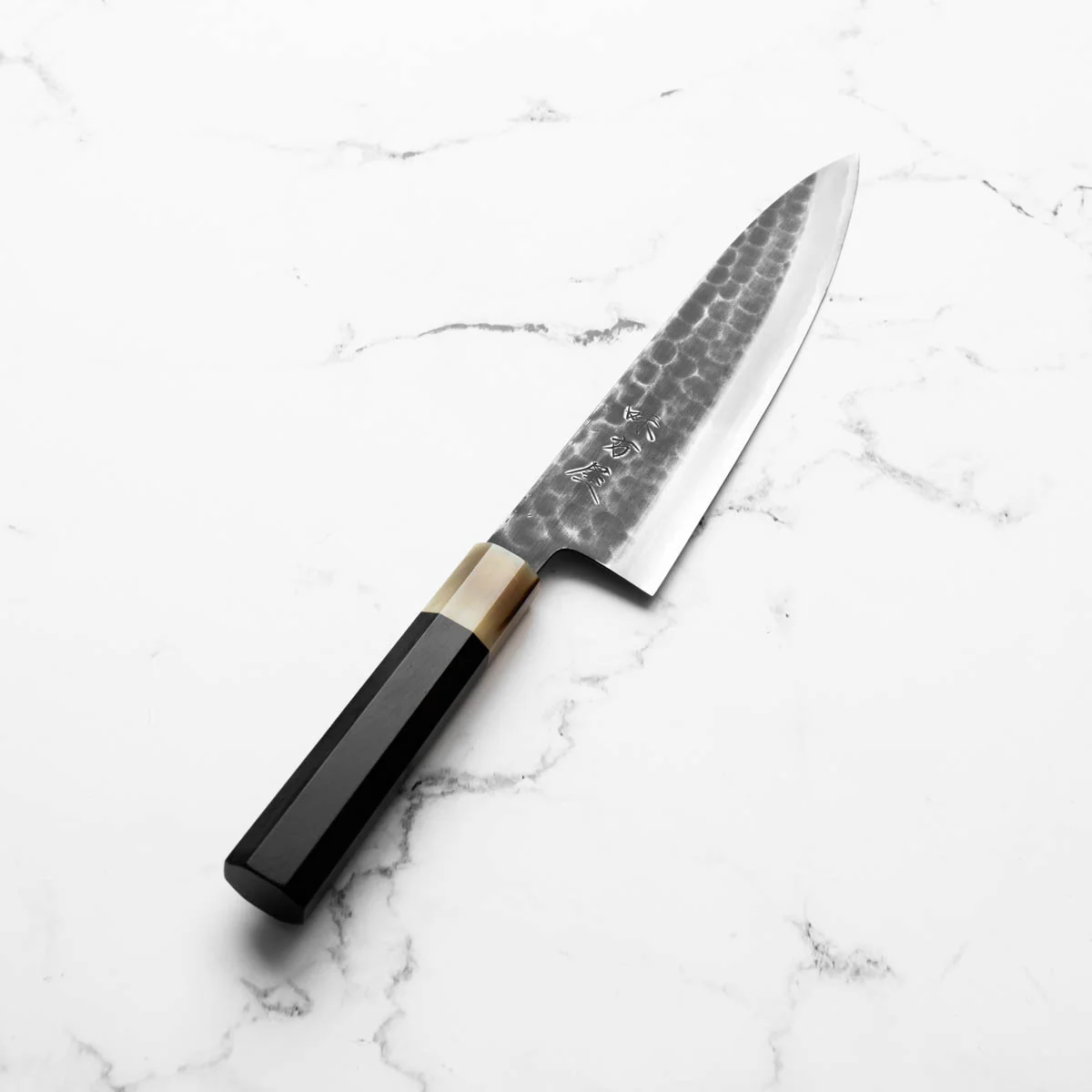 Mutsumi Hinoura Ajikataya White 2 Tsuchime Gyuto 210mm - Ebony & White Horn - Image 2