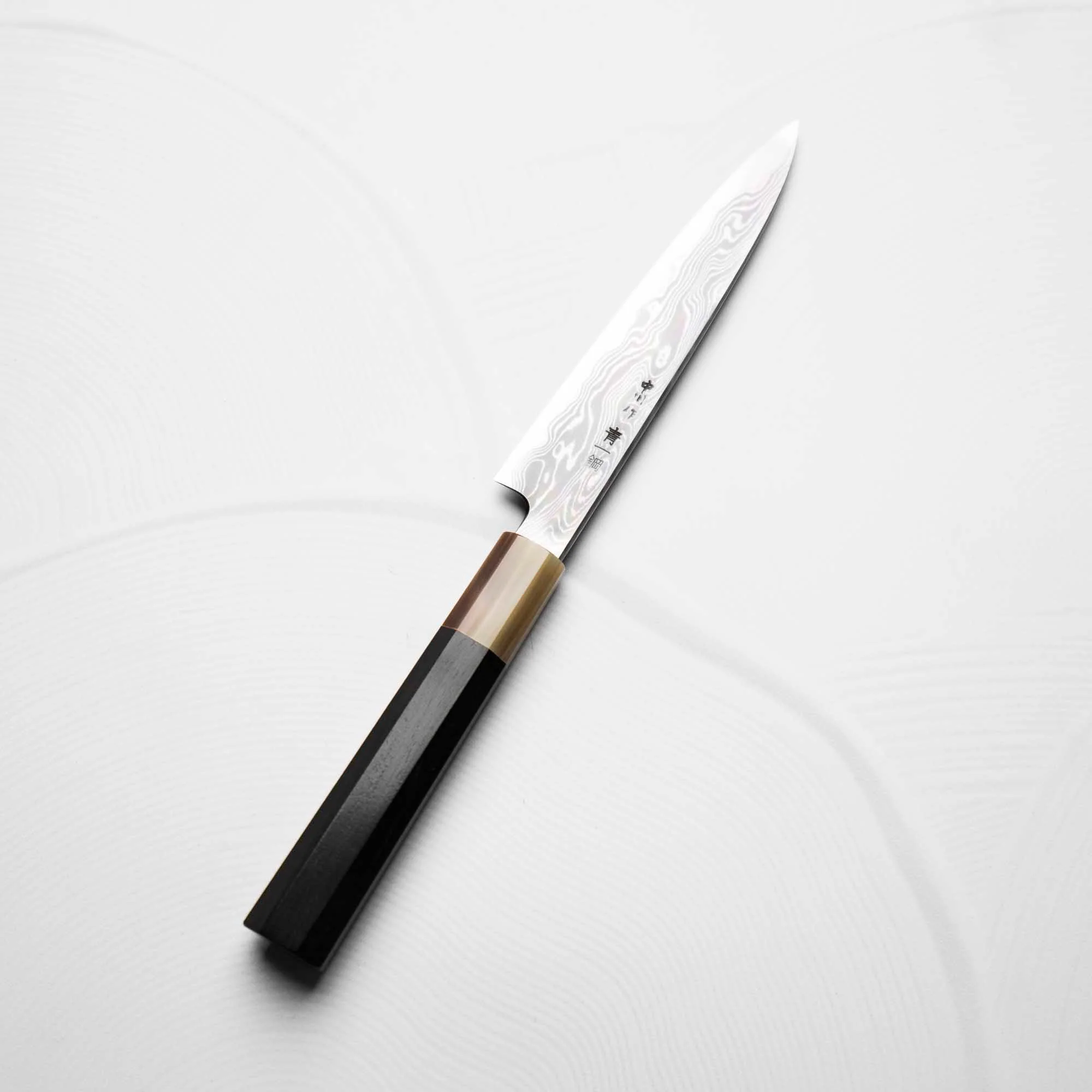 Nakagawa x Myojin Blue 1 Damascus Kasumi Petty 150mm - Ebony & Blonde - Image 3