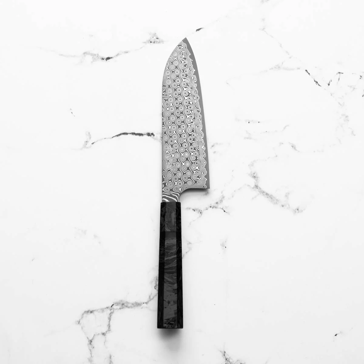 Nigara Hamono "Anmon" SG2 Damascus Santoku 180mm - Dark Carbon Fibre - Image 3