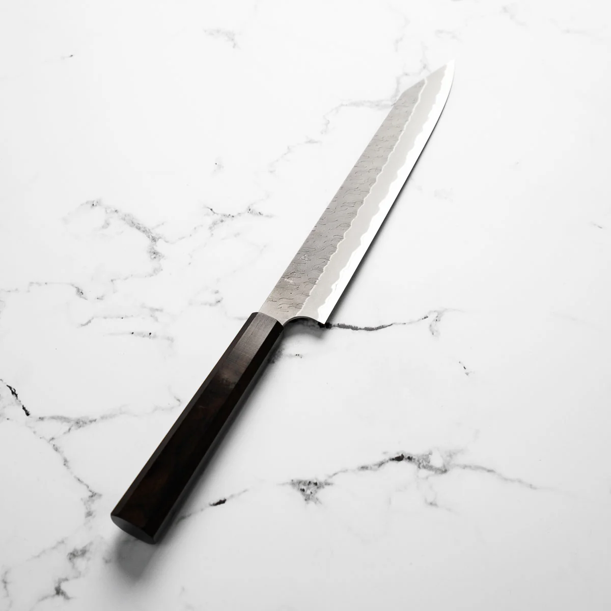 Nigara Hamono Blue Super Migaki Tsuchime Kiritsuke Sujihiki 255mm - Ebony - Image 6