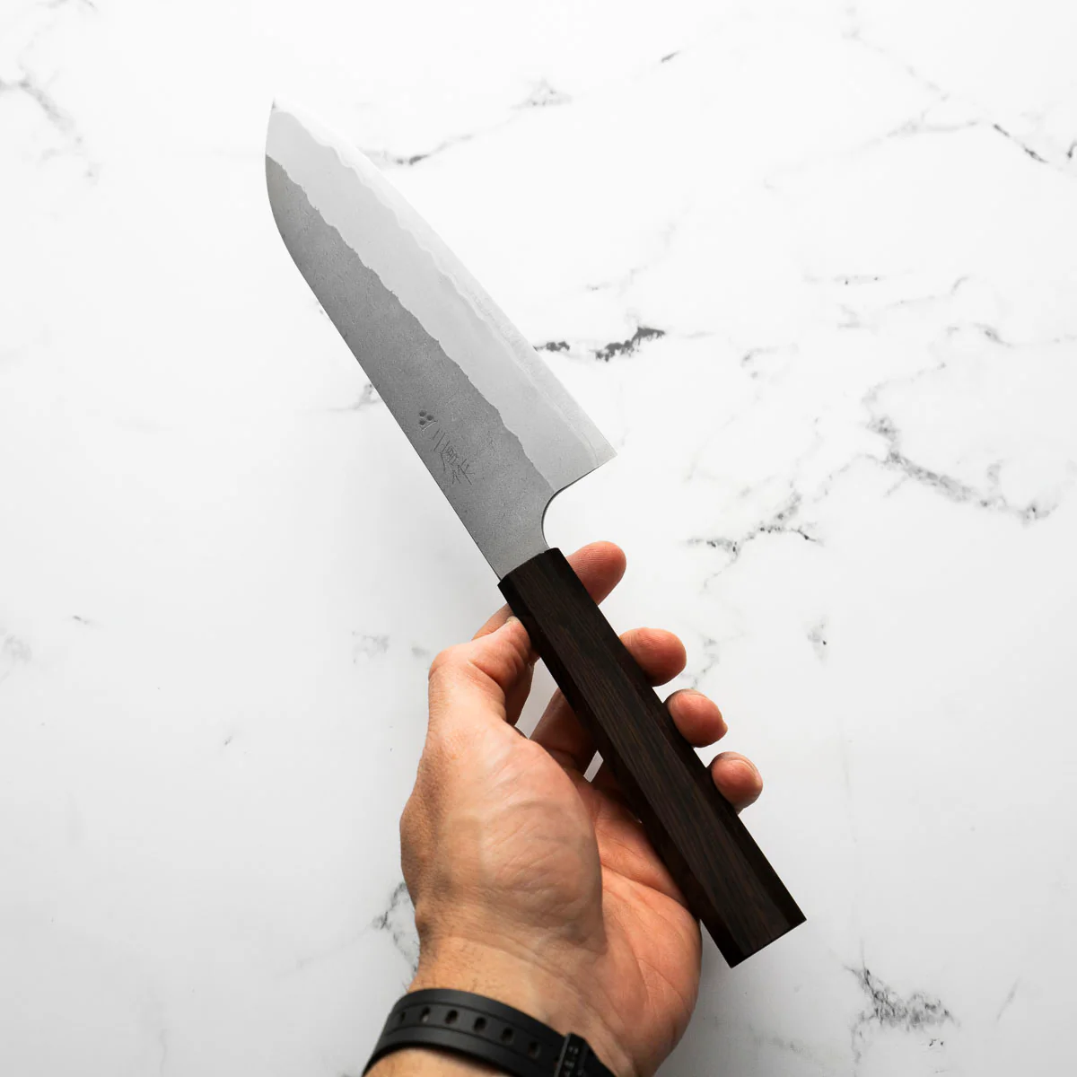 Nigara Hamono Blue Super Migaki Tsuchime Santoku 180mm - Ebony - Image 2