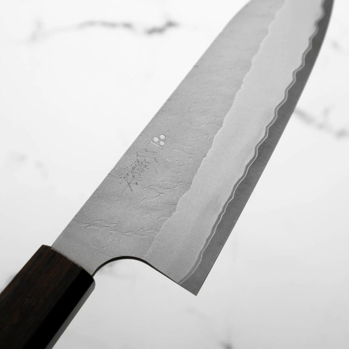 Nigara Hamono Blue Super Migaki Tsuchime Santoku 180mm - Ebony - Image 4