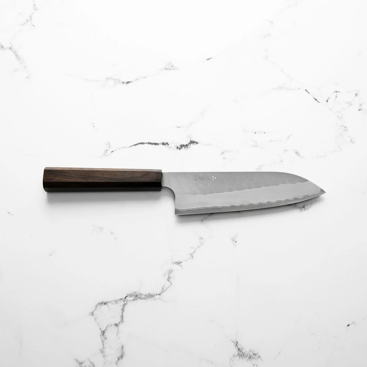 Nigara Hamono Blue Super Migaki Tsuchime Santoku 180mm - Ebony - Image 6