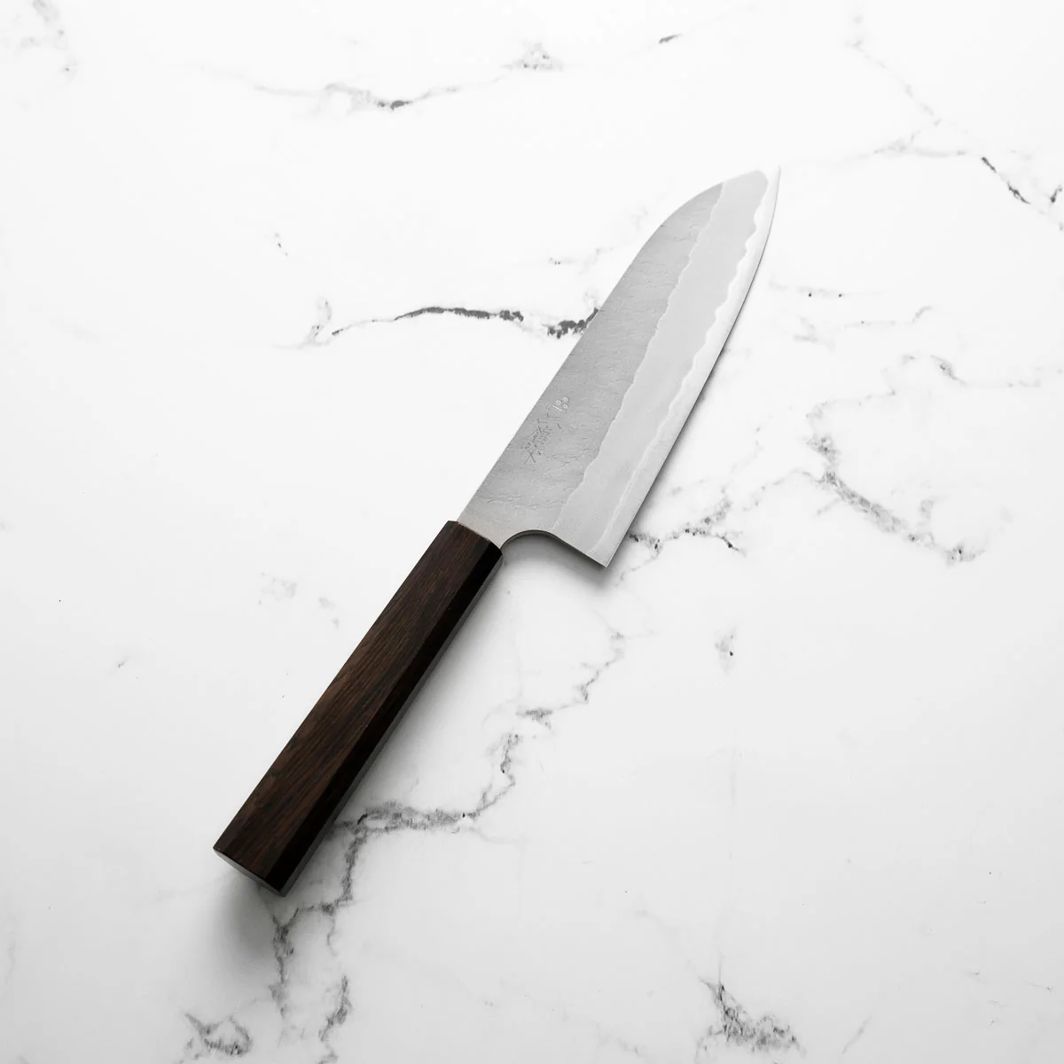 Nigara Hamono Blue Super Migaki Tsuchime Santoku 180mm - Ebony - Image 8