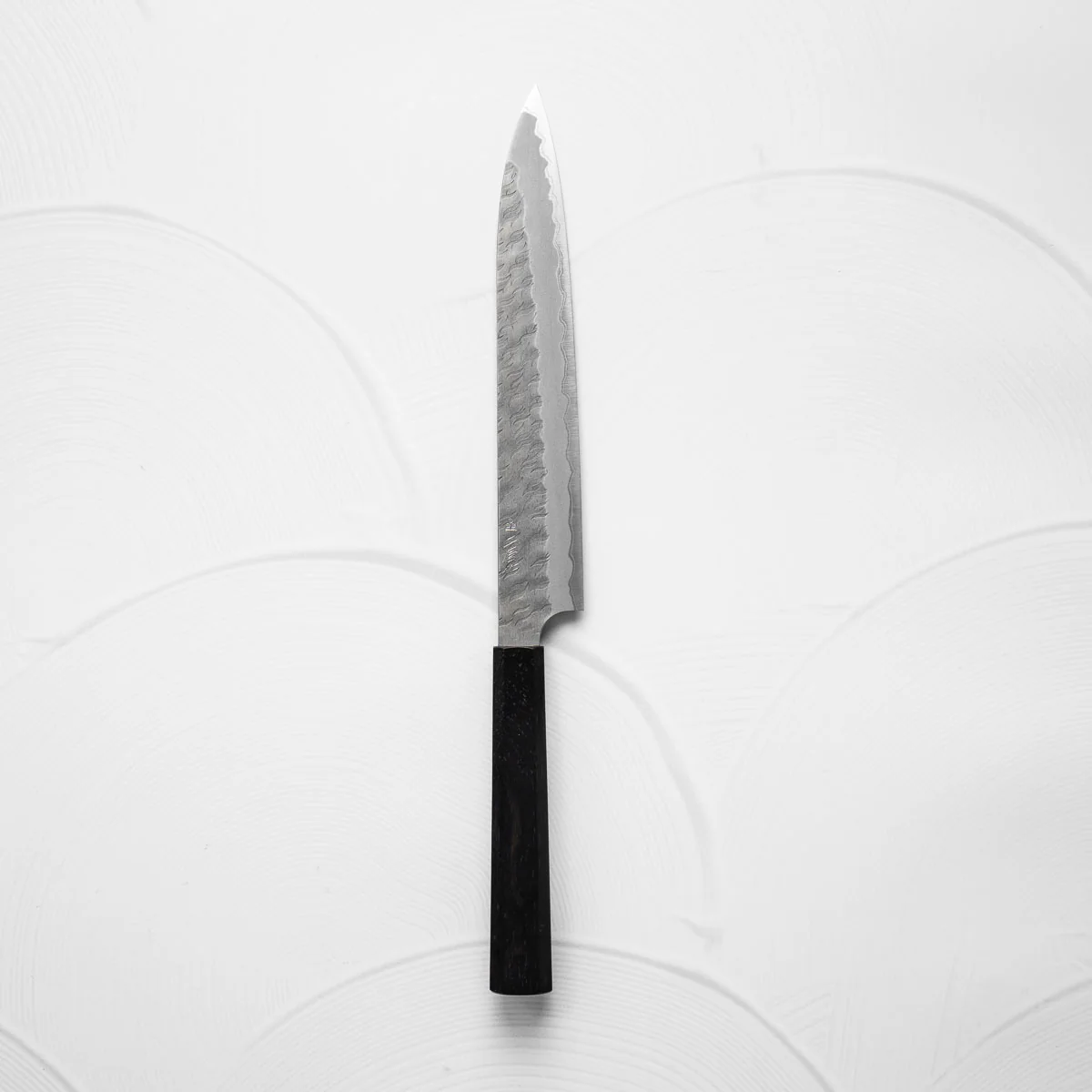 Nigara Hamono Blue Super Migaki Tsuchime Sujihiki 240mm - Ebony - Image 4