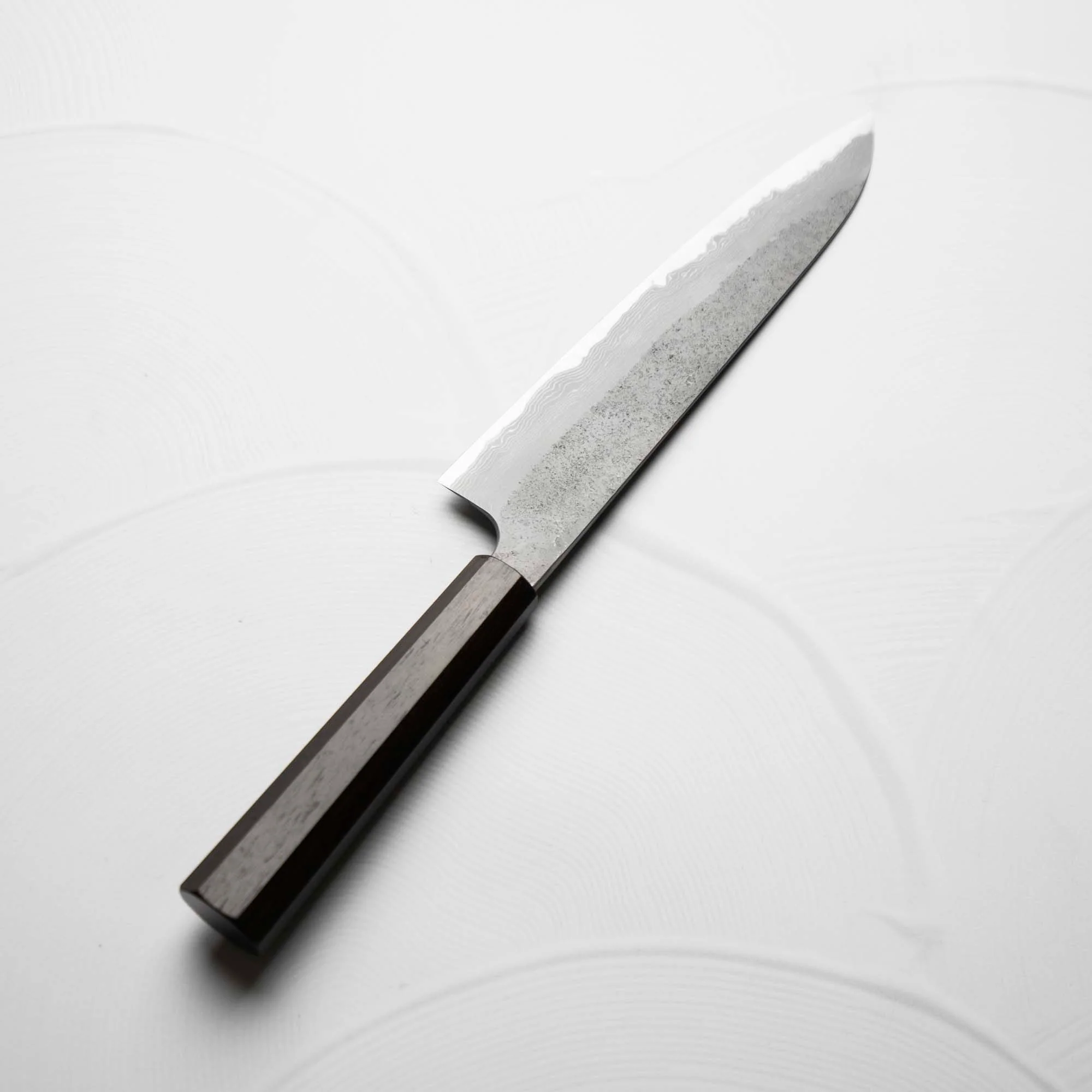 Nigara Hamono (Hatsukokoro) Blue 2 Nashiji Damascus Gyuto 240mm - Ebony - Image 8