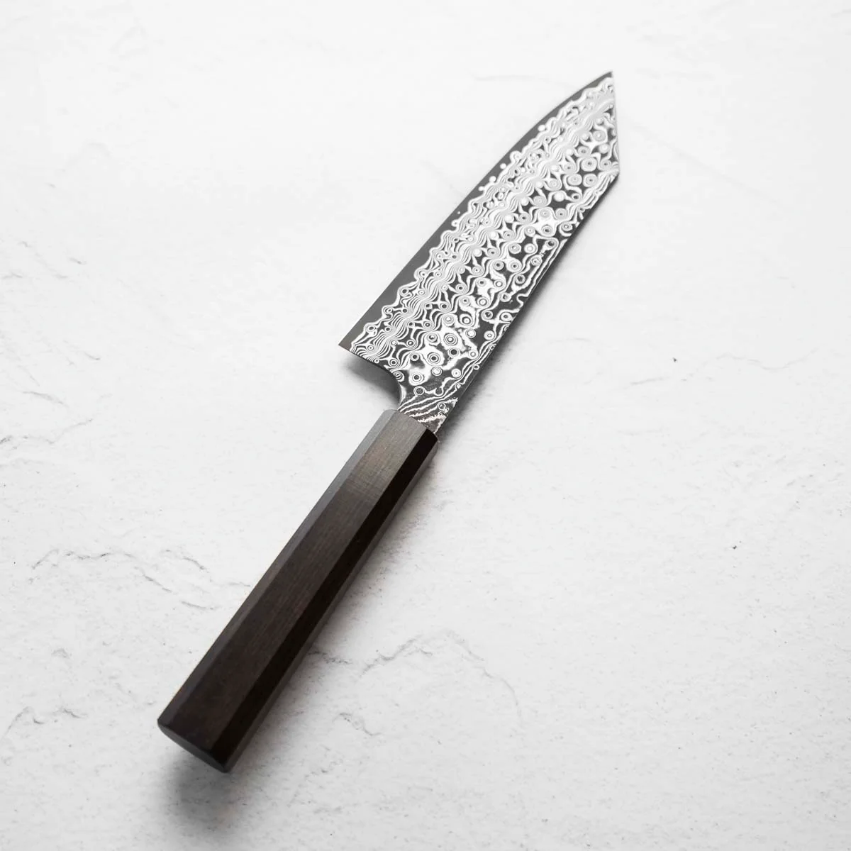 Nigara Hamono SG2 Raindrop Damascus Bunka 180mm - Ebony - Image 7