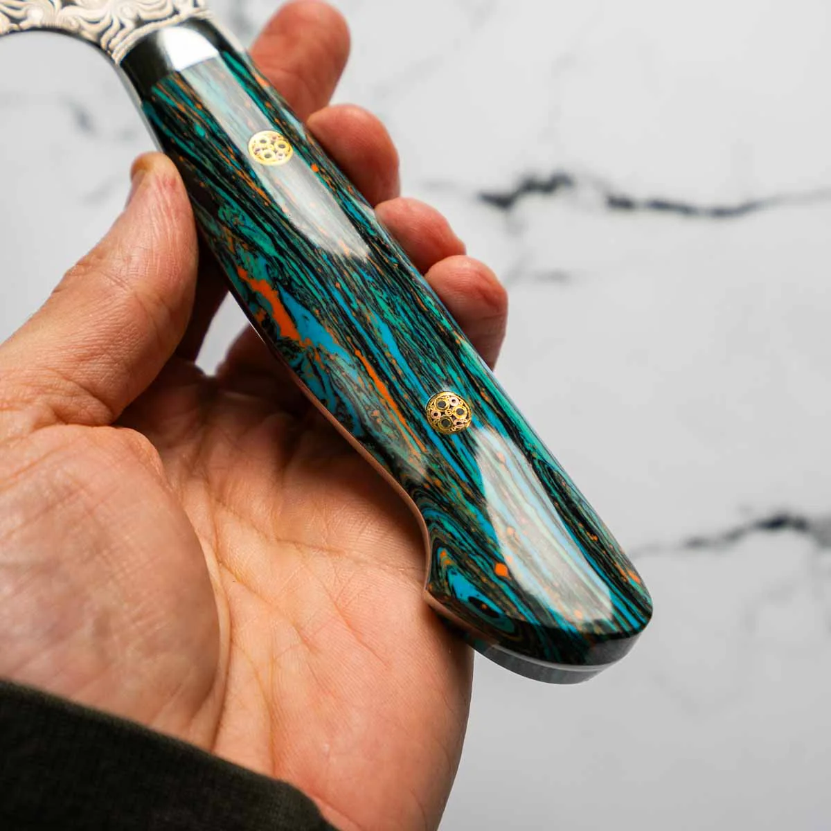 Nigara Hamono SG2 Raindrop Damascus Gyuto 210mm - Turquoise - Image 5