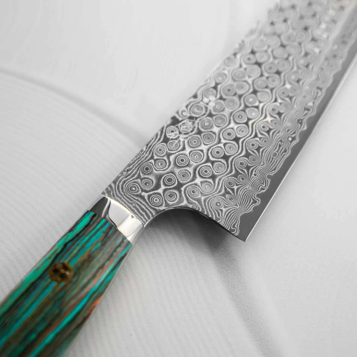 Nigara Hamono SG2 Raindrop Damascus Kiritsuke 240mm - Turquoise - Image 10
