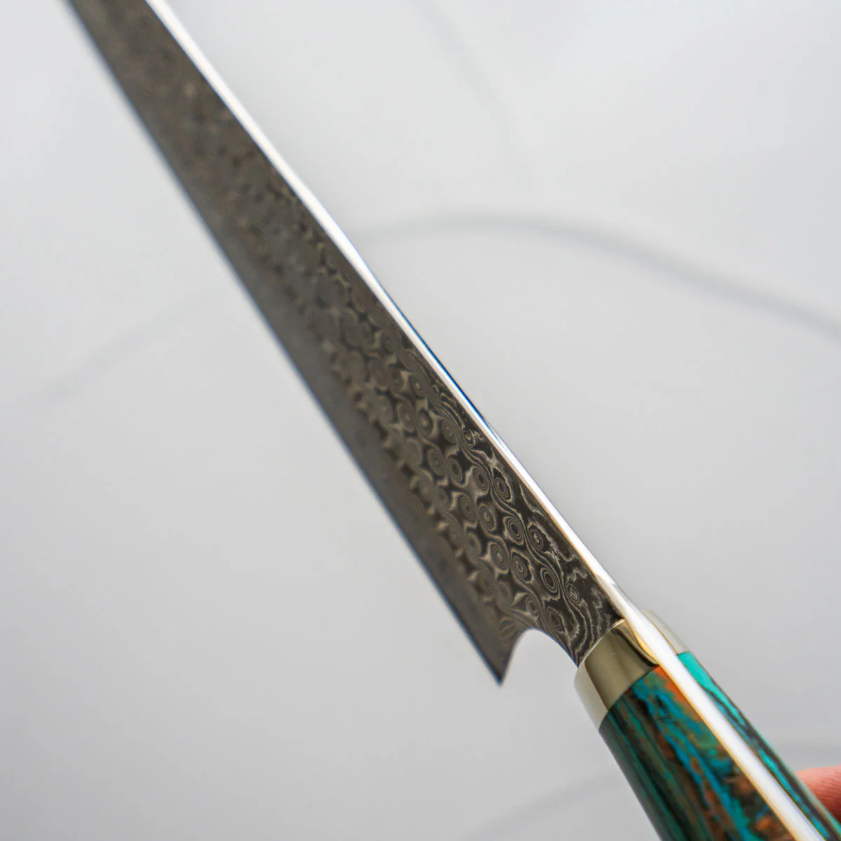 Nigara Hamono SG2 Raindrop Damascus Kiritsuke 240mm - Turquoise - Image 7