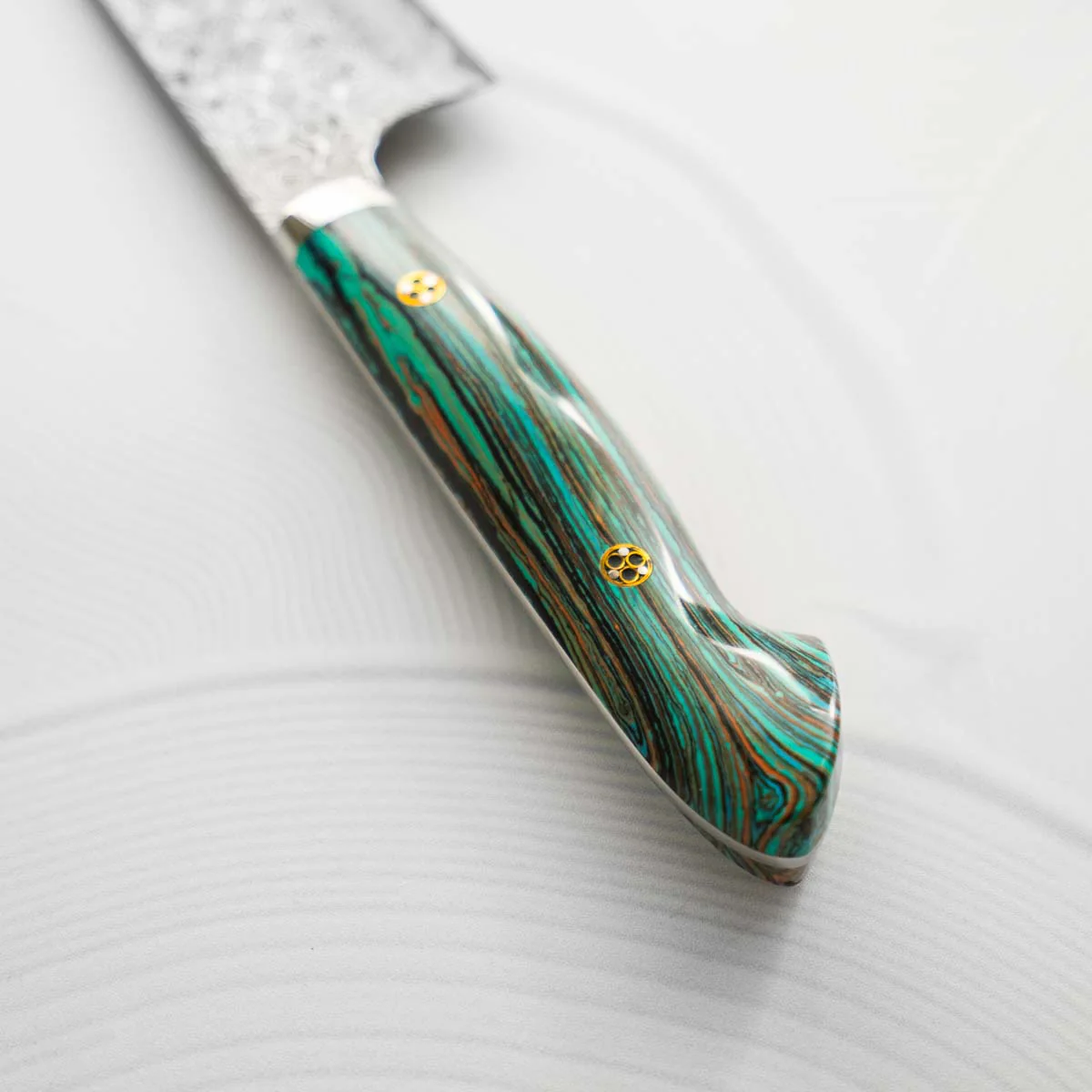 Nigara Hamono SG2 Raindrop Damascus Kiritsuke 240mm - Turquoise - Image 8