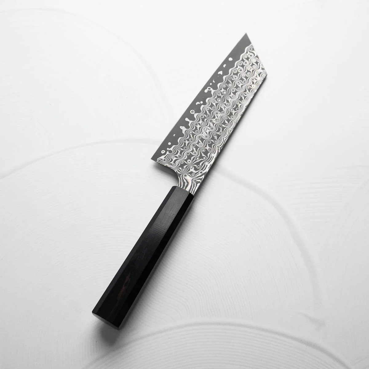 Nigara Hamono SG2 Raindrop Damascus Kiritsuke Nakiri 180mm - Ebony - Image 5