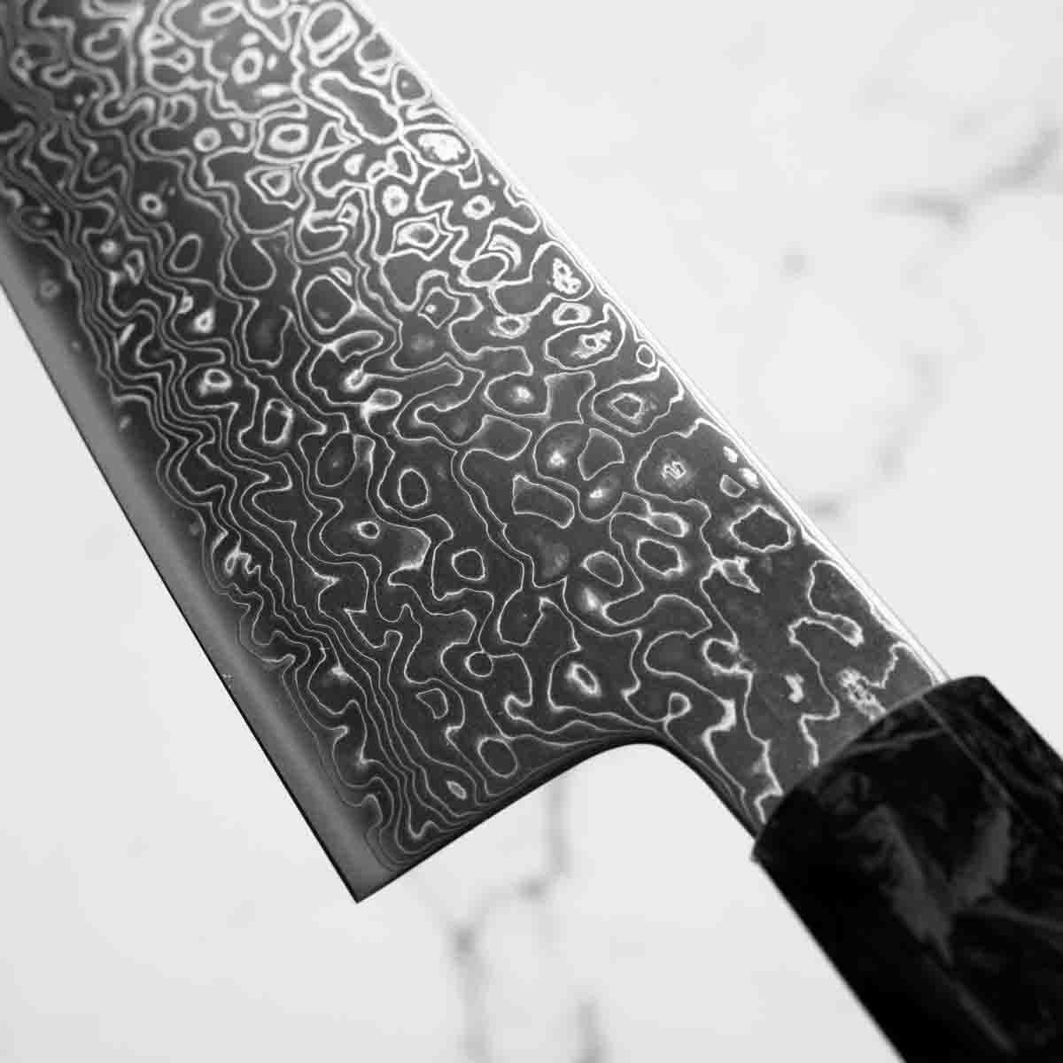 Seido VG10 Kurozome Nickel Damascus Santoku 180mm - Dark Carbon Fibre - Image 6
