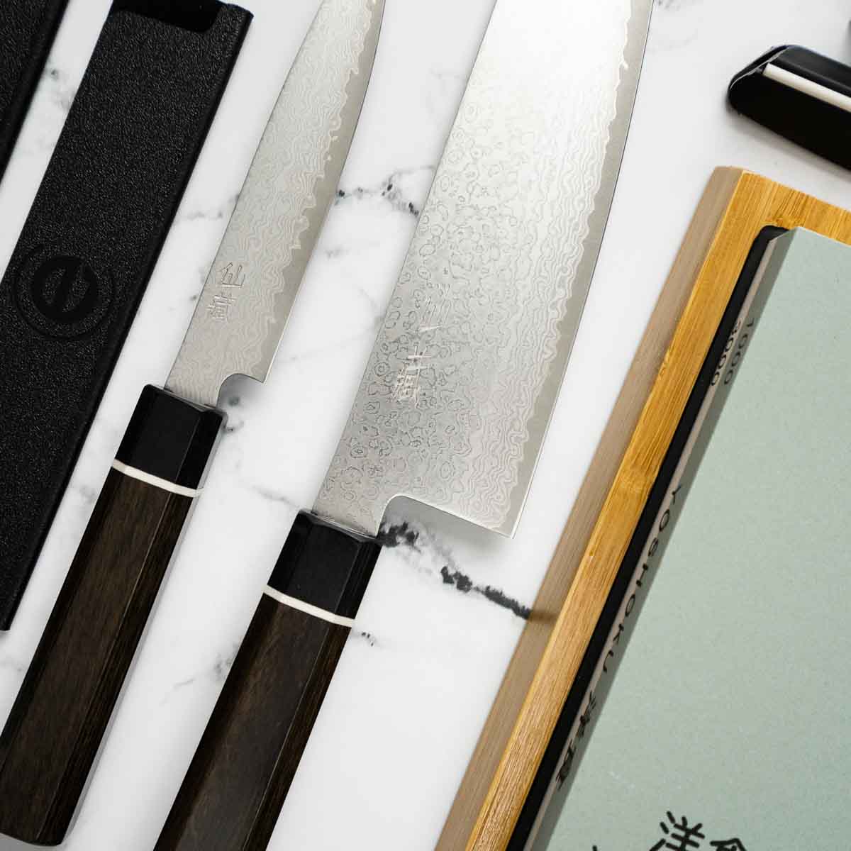 Senzo Black VG10 Damascus - 2 Knife Gyuto Set with Whetstone - Image 2