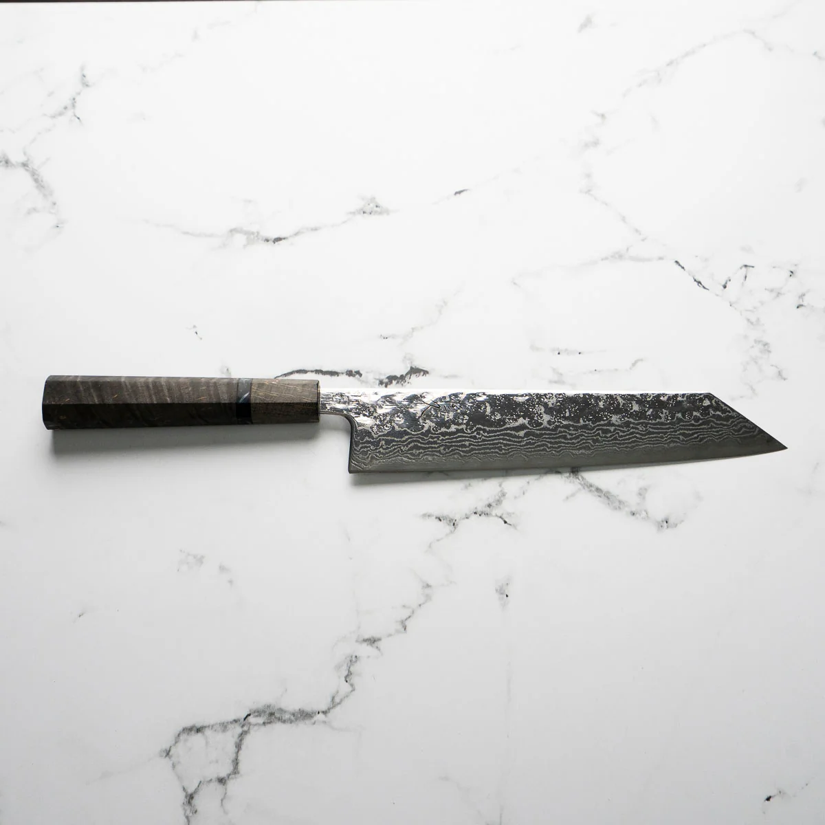 Tsunehisa 440C Damascus Tsuchime Kiritsuke 210mm - Dark Maple - Image 2