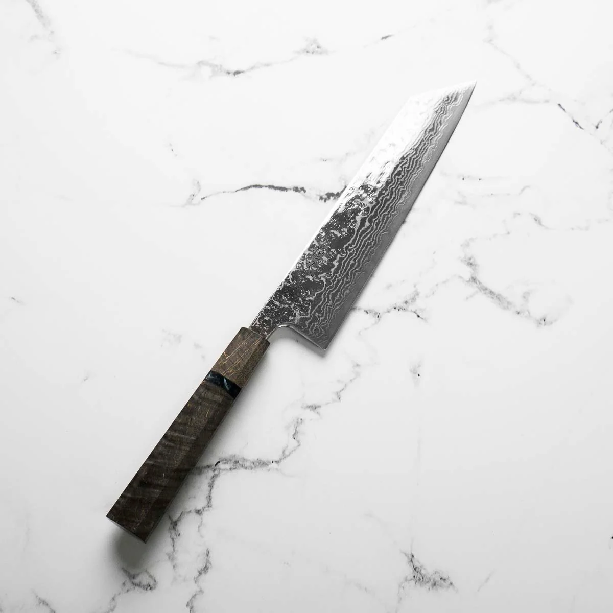 Tsunehisa 440C Damascus Tsuchime Kiritsuke 210mm - Dark Maple - Image 4