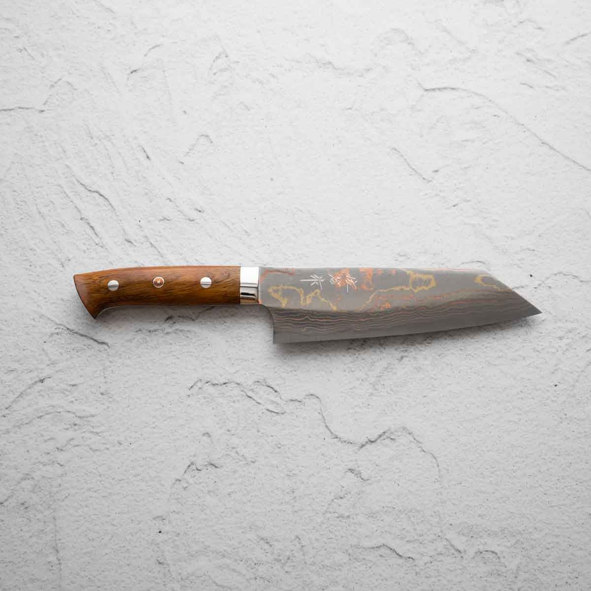 Takeshi Saji Blue 2 Rainbow Damascus Bunka 175mm - Image 5