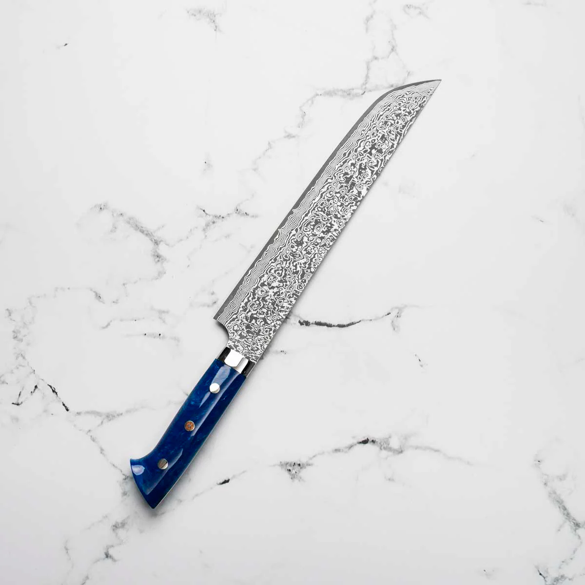 Takeshi Saji R2/SG2 Damascus Sakimaru Sujihiki 240mm Blue Acrylic - Image 4