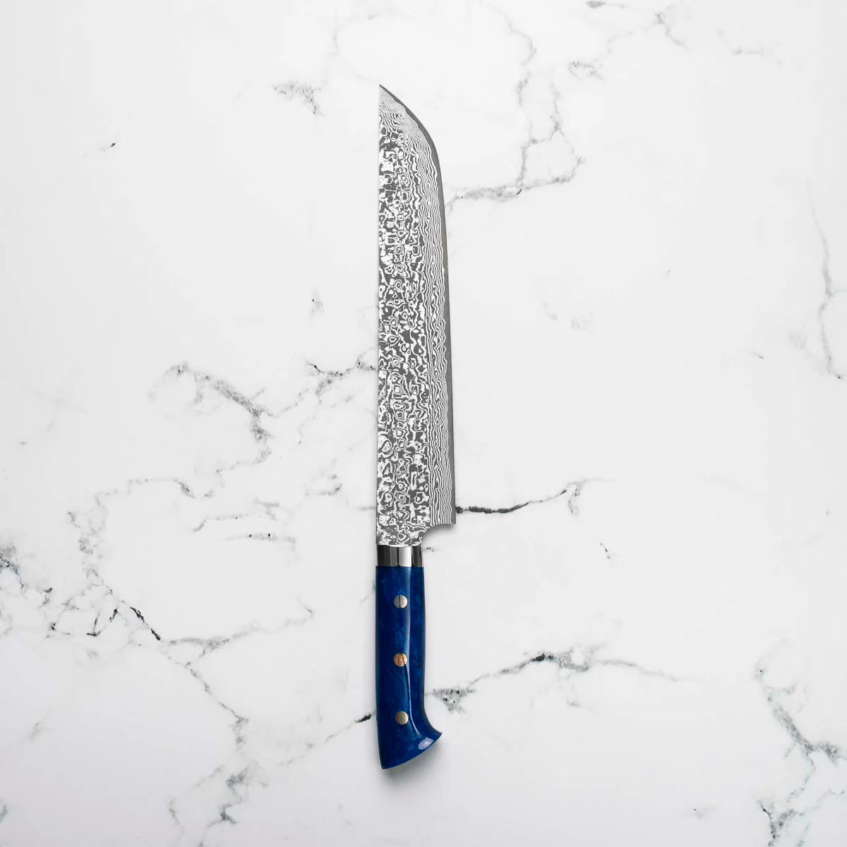 Takeshi Saji R2/SG2 Damascus Sakimaru Sujihiki 240mm Blue Acrylic - Image 5
