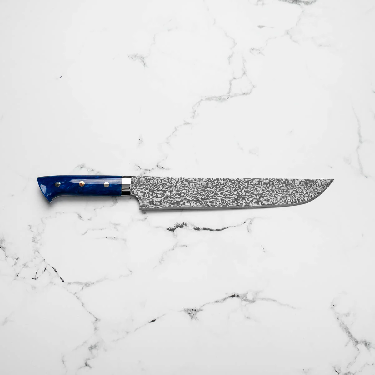 Takeshi Saji R2/SG2 Damascus Sakimaru Sujihiki 240mm Blue Acrylic - Image 6