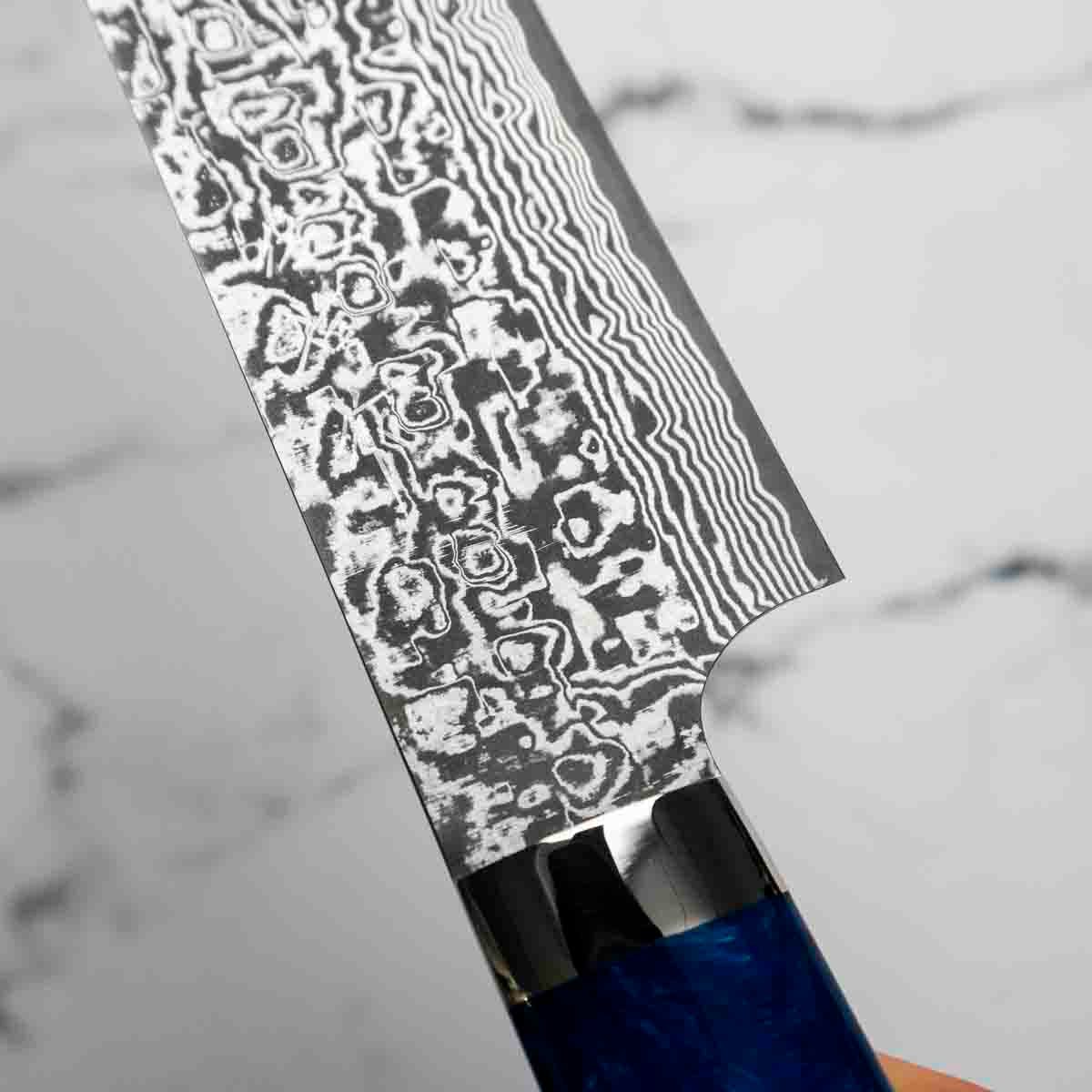 Takeshi Saji R2/SG2 Damascus Sakimaru Sujihiki 240mm Blue Acrylic - Image 8