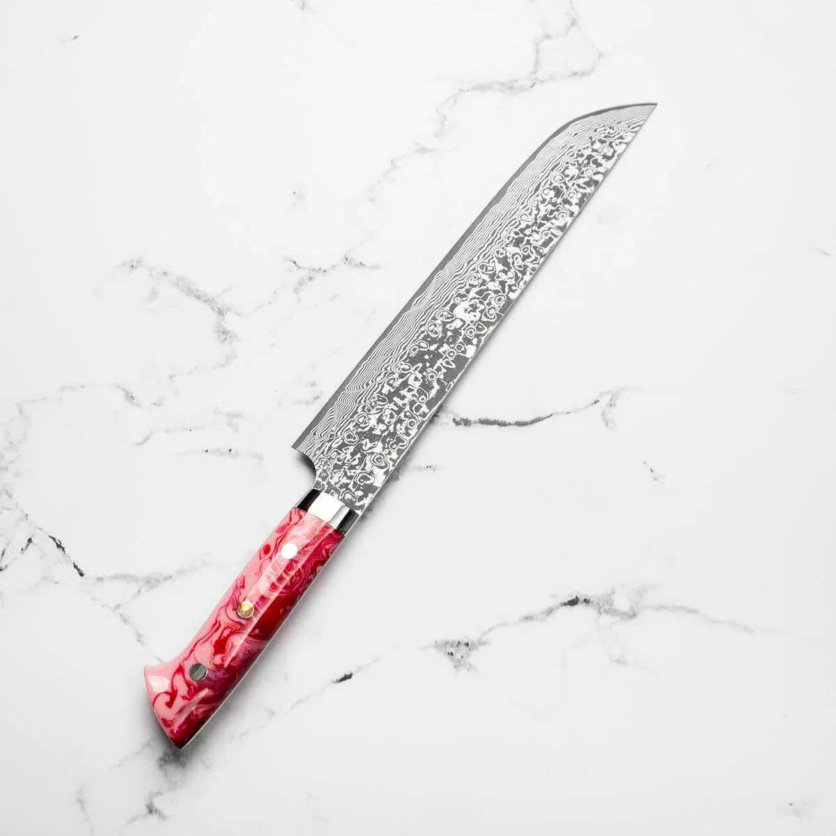 Takeshi Saji R2/SG2 Damascus Sakimaru Sujihiki 240mm Red/Pink Acrylic - Image 2