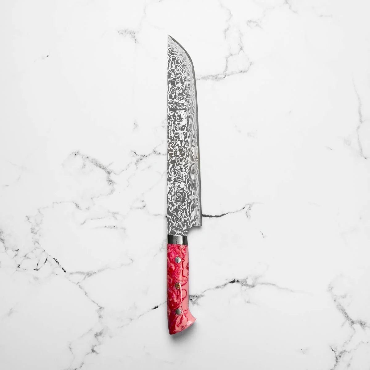 Takeshi Saji R2/SG2 Damascus Sakimaru Sujihiki 240mm Red/Pink Acrylic - Image 3