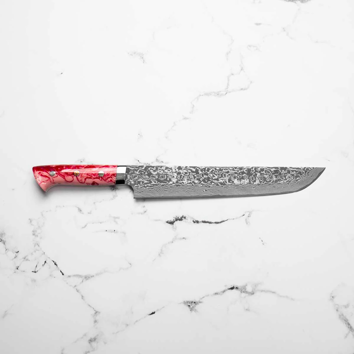 Takeshi Saji R2/SG2 Damascus Sakimaru Sujihiki 240mm Red/Pink Acrylic - Image 4