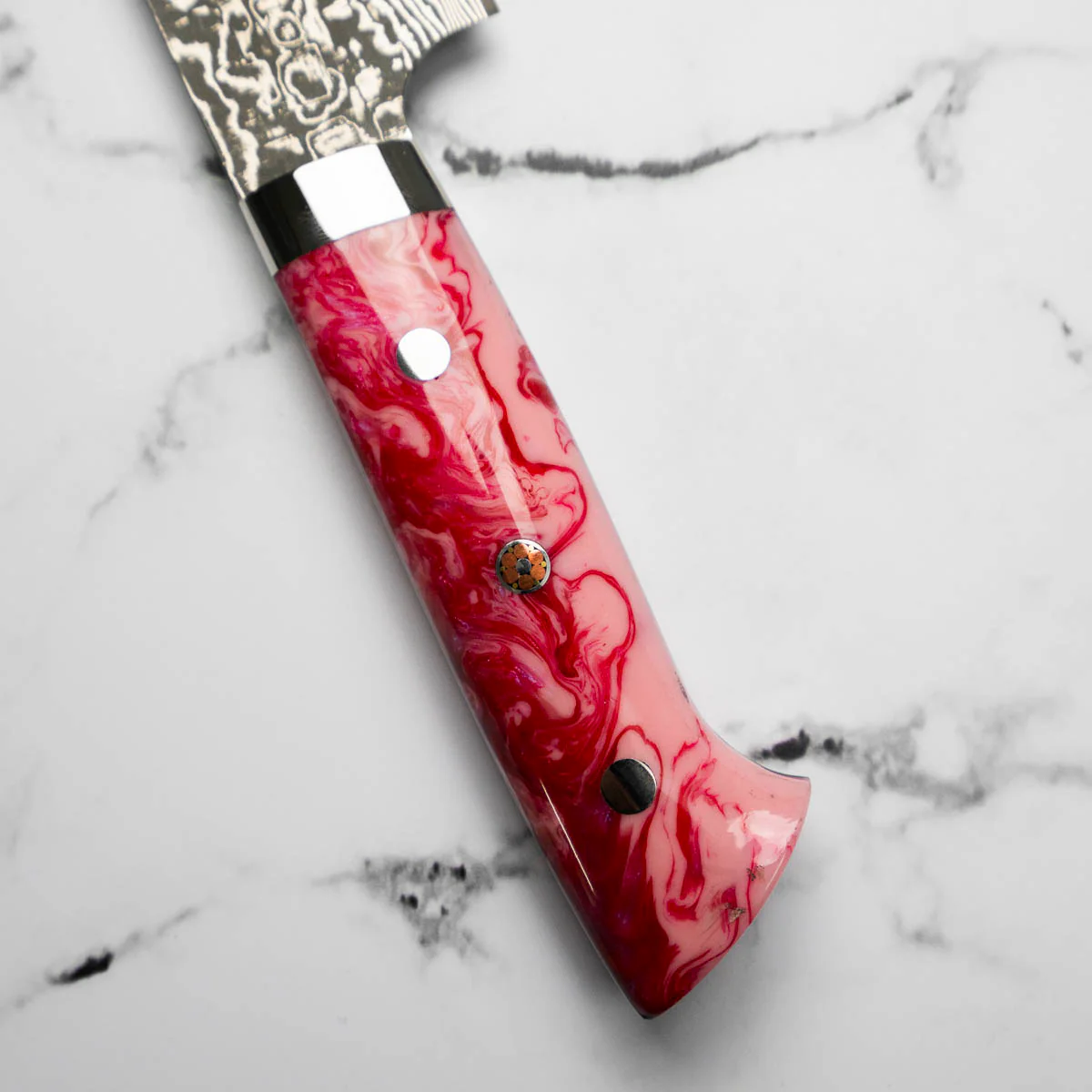 Takeshi Saji R2/SG2 Damascus Sakimaru Sujihiki 240mm Red/Pink Acrylic - Image 7