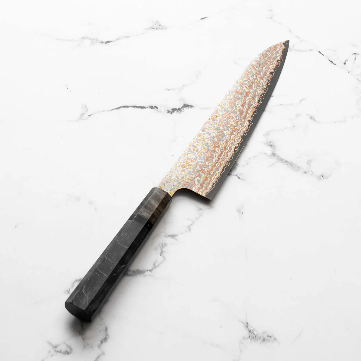 Takeshi Saji VG10-W Nashiji Rainbow Damascus Gyuto 210mm - Dark Maple - Image 2