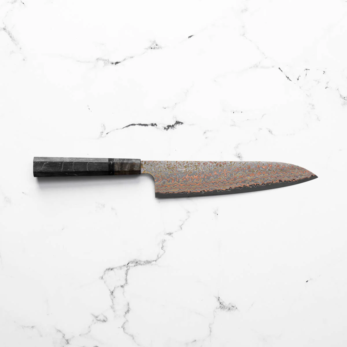 Takeshi Saji VG10-W Nashiji Rainbow Damascus Gyuto 210mm - Dark Maple - Image 4
