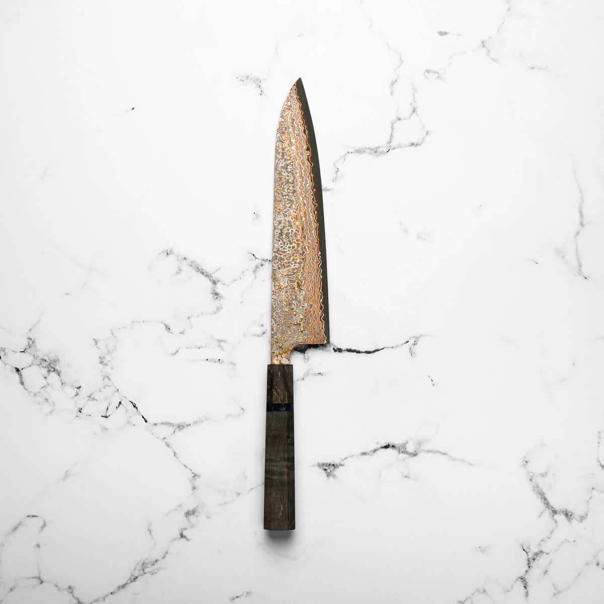 Takeshi Saji VG10-W Nashiji Rainbow Damascus Gyuto 240mm - Dark Maple - Image 3