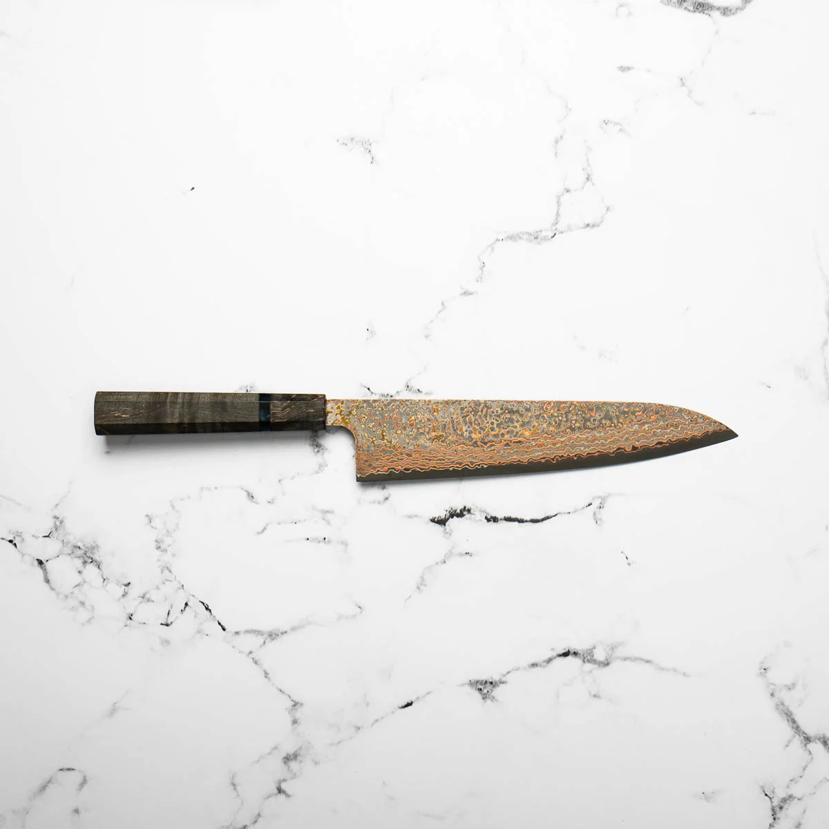 Takeshi Saji VG10-W Nashiji Rainbow Damascus Gyuto 240mm - Dark Maple - Image 4